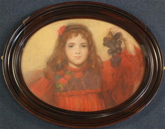 Late 19th century French School Portrait of a girl holding a bunch of grapes, 17 x 22in.